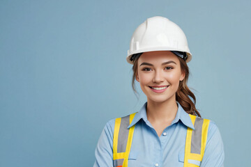 Young woman in construction helmet and uniform on blue background, with space for text, concept of woman working in male profession