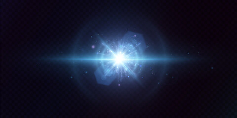 Leinwandbilder - Abstract blue light rays PNG effect with glare and sparkles on dark background. Vector 10 EPS
