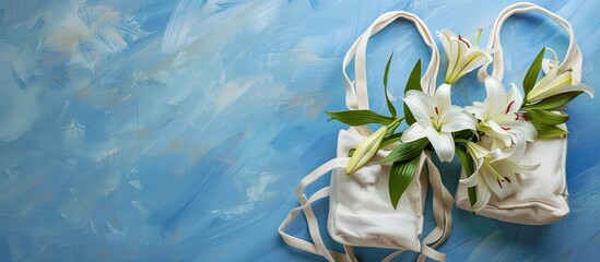 Wall Mural - White lily bag on a blue backdrop with ample copy space image.