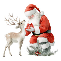 Poster - santa with a reindeer, holiday animal, watercolor art