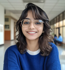 Wall Mural - happy young Indian girl student wearing glasses, she has shoulder length wavy hair with bangs, in blue sweater over white shirt, sitting at the college building corridor