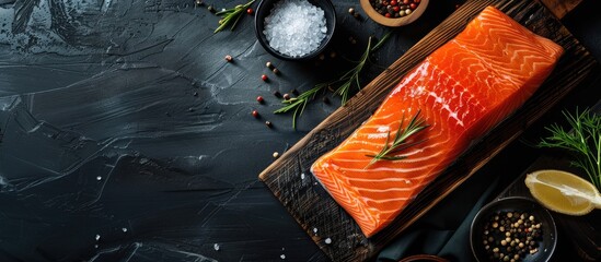 Top view of a raw salmon fillet on a dark background with a recipe board showcasing a thick piece of fresh red fish or trout; perfect for a copy space image.