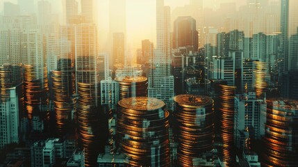 Aufkleber - A city skyline with a lot of tall buildings and a lot of coins