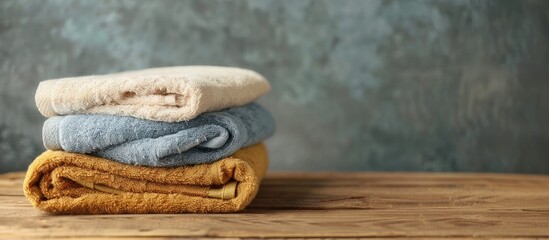 Wall Mural - View of soft folded terry towels on a wooden table with ample space for text in the image.