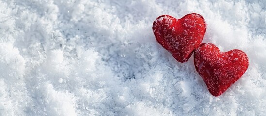 Top view of two red hearts on snow representing Valentine's Day with white snow as a background for a banner with copy space image.