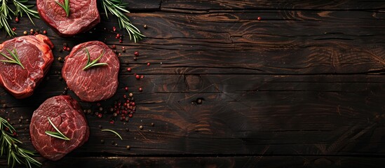 Wall Mural - Top view of prime black Angus beef steaks like Fillet Mignon, rib eye, Striploin, or New York, on a dark wooden background with copy space image.