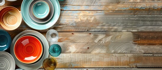 Trendy tableware including modern ceramic and glass dishes on a wooden surface with an area for text, seen from above in a copy space image.