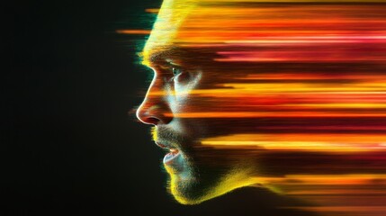 Poster - Profile of a man with dynamic light streaks illustrating motion and energy, captured in a dark setting