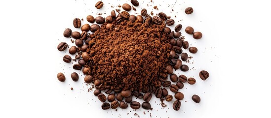 Wall Mural - Photo of ground roasted coffee beans on a white studio background, top view with ample copy space image.