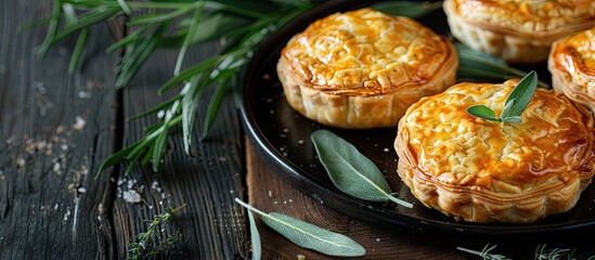 Mini pies containing tasty cheddar cheese, leeks, and sage showcased on a dark wooden table with a copy space image available.