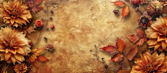 Canvas Print - Vintage flowers displayed on autumn-themed wallpaper with ample copy space image.