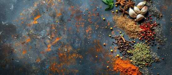 Wall Mural - Various spices arranged creatively on a textured stone surface with ample copy space image.