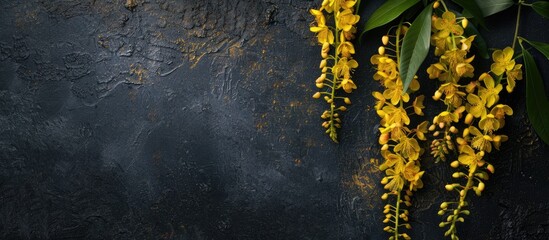 Wall Mural - Laburnum flowers with a copy space image on a dark backdrop.