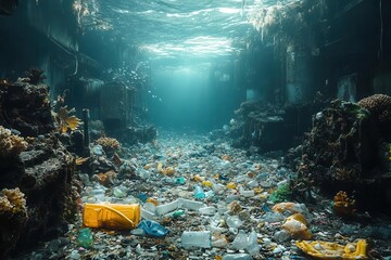 haunting underwater scene of ocean pollution discarded plastic waste drifting among coral reefs and marine life muted colors ethereal lighting conveying environmental message