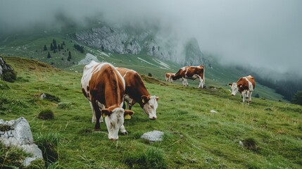 Poster - A herd of cows grazing on a grassy hillside