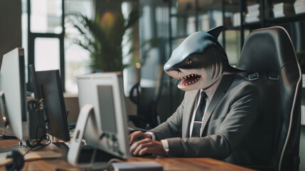 Aufkleber - A man in a shark costume is sitting at a desk with a computer