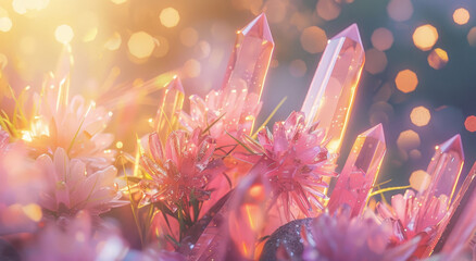 Wall Mural - Beautiful crystals glowing in the sunlight. Crystals with pink flowers growing on them and a blurred background creating a fantasy, magical realism effect with bokeh