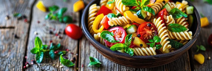 Wall Mural - Healthy vegan fusilli pasta salad with colorful vegetables on wooden background Selective Focus