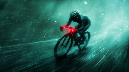 Cyclist navigating through heavy rain at night with vibrant lights illuminating the path