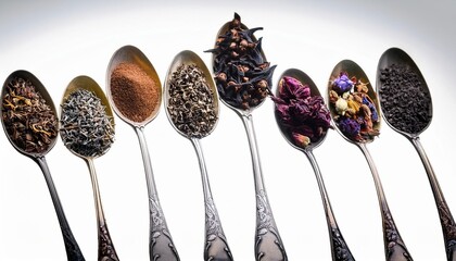 assortment of dry tea in vintage spoons