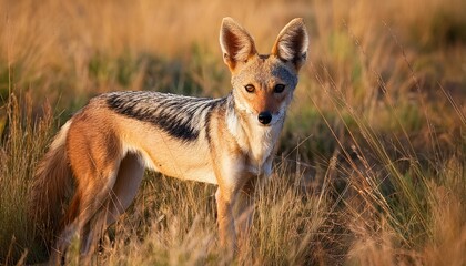 Sticker - portrait of a watchful black backed jackal in the grass