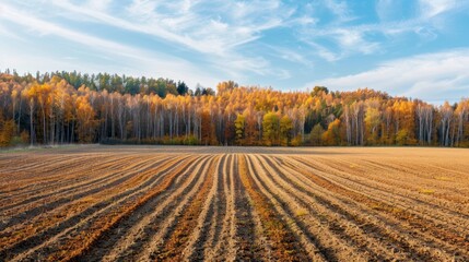 Poster - A field of autumn leaves with a blue sky in the background