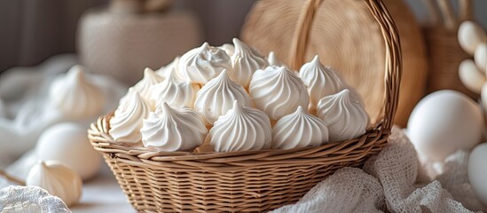 Aufkleber - Wicker basket filled with meringue cookies made from egg whites selective focus close up isolated copy space