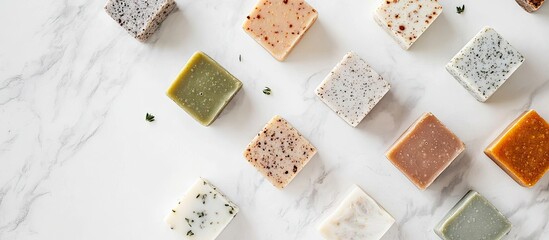 Poster - Collection of lovely handmade natural soaps on a white background Organic simplistic eco friendly spa skincare concept Copyspace