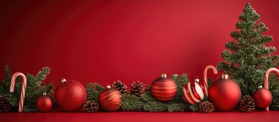 Poster - Christmas ornaments set against a red background Christmas decorations with text space available Isolated fir cones balls candy canes and a Christmas tree Christmas greeting card