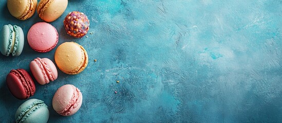 Aufkleber - Macaroons and a sweet bagel on a blue table seen from above Colorful cookies in pastel shades vintage card top view Concept for social media and blogging. with copy space image