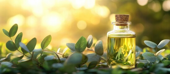 Poster - Bottle of eucalyptus essential oil with a blurred background close up and room for text. with copy space image. Place for adding text or design