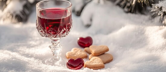 Fototapete - Homemade red cherry tincture in a crystal wine glass alongside heart shaped Christmas cookies on white snow during winter close up. with copy space image. Place for adding text or design