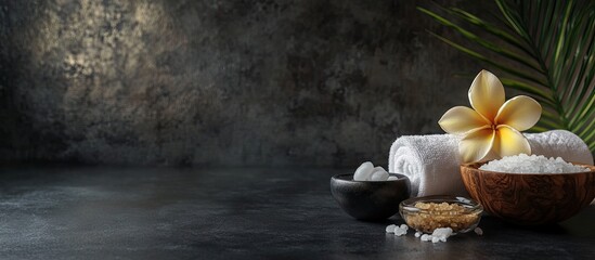 Poster - A beautiful spa and wellness arrangement on a massage table in a relaxation center on a blackboard with copy space Includes a towel salt plumeria flower and a bowl of hot stones for spa therapy Spa p