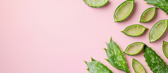 Poster - Flat lay arrangement featuring cosmetic products and sliced aloe leaves on a pink background Space for text. with copy space image. Place for adding text or design