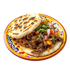 Wall Mural - Front view of delectable Cuban Vaca Frita Arepas in a colorful tropical platter, isolated on a white transparent background