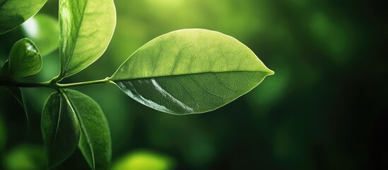 Poster - close up view of a green leaf against a blurred dark green backdrop in a garden with copy space serv