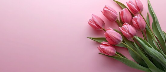 Poster - Pink tulips on a pink background Flat lay top view Copyspace