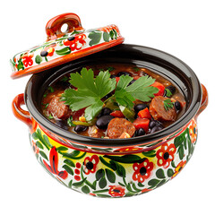 Wall Mural - Front view of flavorful Cuban Chorizo and Black Bean Soup in a vibrant Havana-themed pot, isolated on a white transparent background