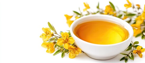 Aufkleber - A bowl of honey with surepka flowers on a white background Surepka has antioxidant benefits and includes ascorbic acid Space for text. with copy space image. Place for adding text or design