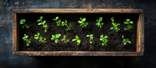 Poster - Young sprouts shoots seedlings and saplings in a wooden box with a cover Top view with copyspace