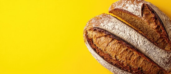 Poster - Freshly baked organic whole grain rye bread on a vibrant yellow background top view copy space