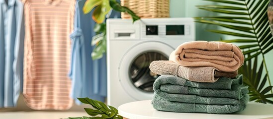 Poster - Stack of clean towels alongside a plant on the washing machine in the laundry room. with copy space image. Place for adding text or design