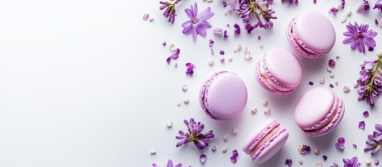 Poster - Cake macaron or macaroon isolated on a white background vibrant almond cookies in pastel shades and violet spring flowers Copy space for text Top view