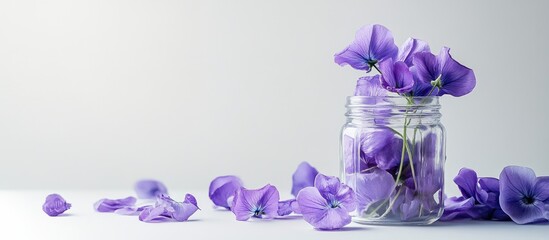 Poster - Butterfly pea featuring stunning purple flowers in a glass jar against a white background with copyspace The blue color from the flowers can be utilized for food coloring and herbal beverages