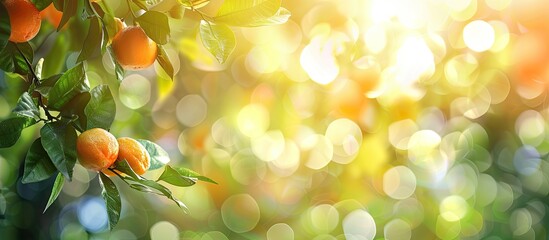 Aufkleber - Blurred bokeh backdrop featuring citrus orange fruits and green leaves in the garden. with copy space image. Place for adding text or design