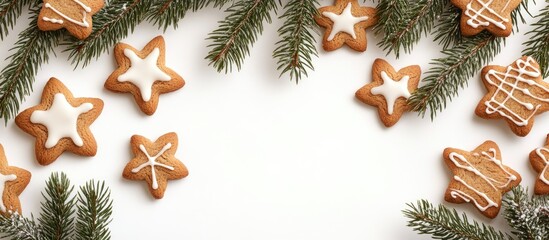 Aufkleber - Frame crafted from fir branches and Christmas cookies on a white background. with copy space image. Place for adding text or design