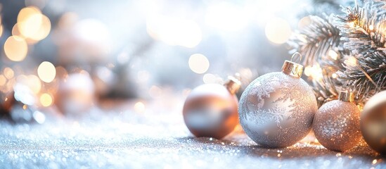 Fototapete - Christmas arrangement of tree ornaments on a blurred silver backdrop. with copy space image. Place for adding text or design