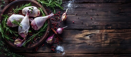 Aufkleber - Raw duck legs Fresh organic ingredient for making traditional French confit Spices vegetables and herbs Animal proteins and healthy fats wooden board stone background copyspace top view