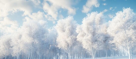 Wall Mural - Winter trees covered in white rime A naturally beautiful backdrop featuring frosted trees in winter. with copy space image. Place for adding text or design