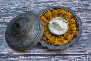 Traditional delicious Turkish - Greek cuisine, Turkish food; Stuffed zucchini flowers (Turkish name; kabak cicegi dolmasi)